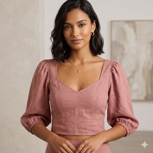 Express Women’s Mauve Pink V-Neck Cropped Top Smocked Short Ballon Sleeves Sz. L